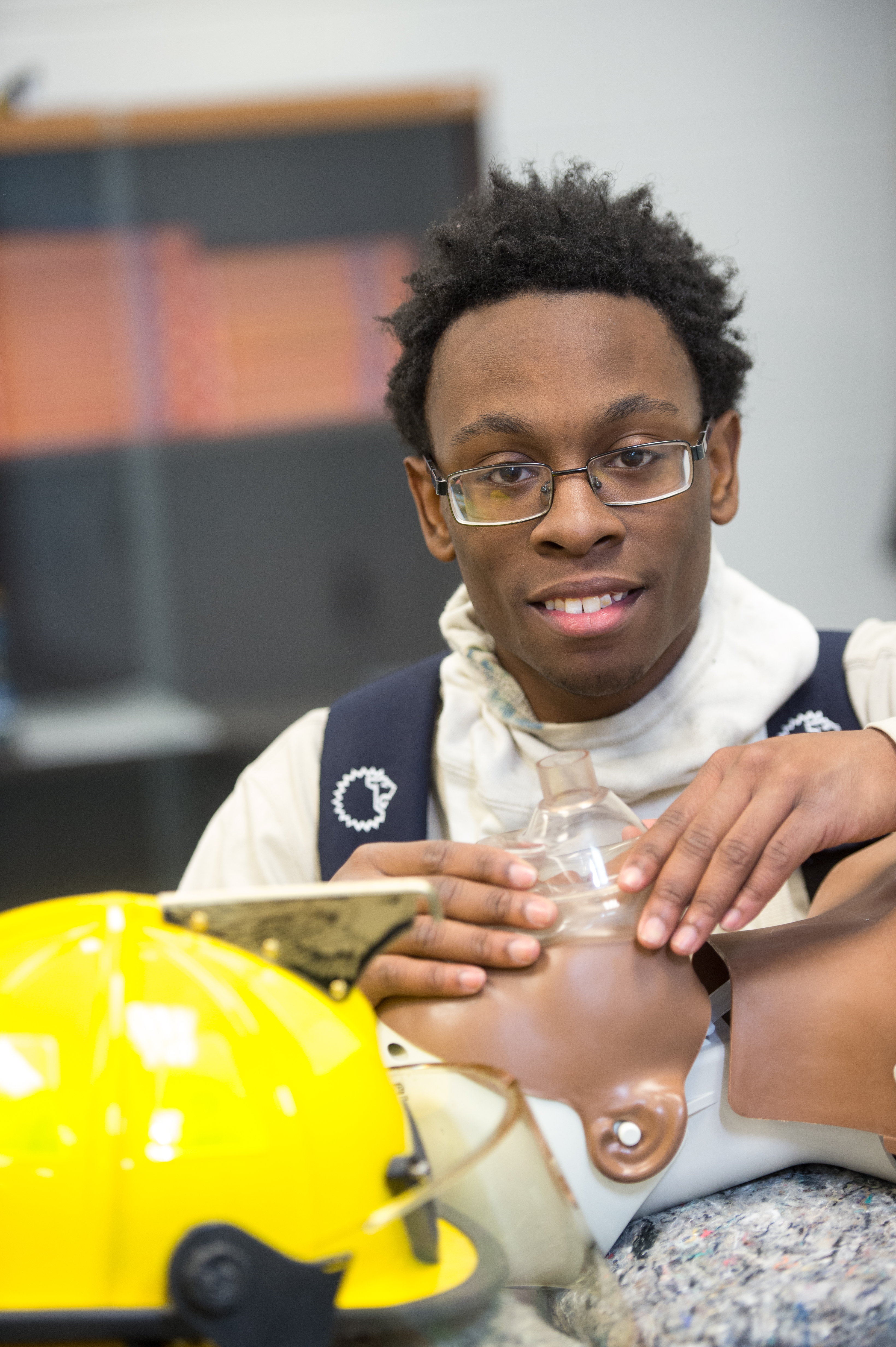 Student learning fire safety and CPR