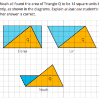 Graphic showing a geometry exercise. Several triangles are drawn. The text at the top reads: Elena, Lin, and Noah all found the area of Triangle Q to be 14 square units but reasoned about it differently, as shown in the diagrams. Explain at least one student's way of thinking and why his or her answer is correct.