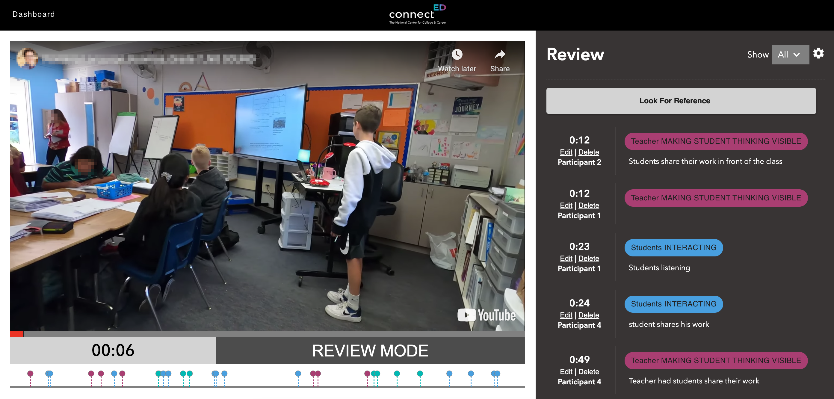 Example of rewindED tool, a UI for tagging behavior over a video of students in the classroom with their teacher.