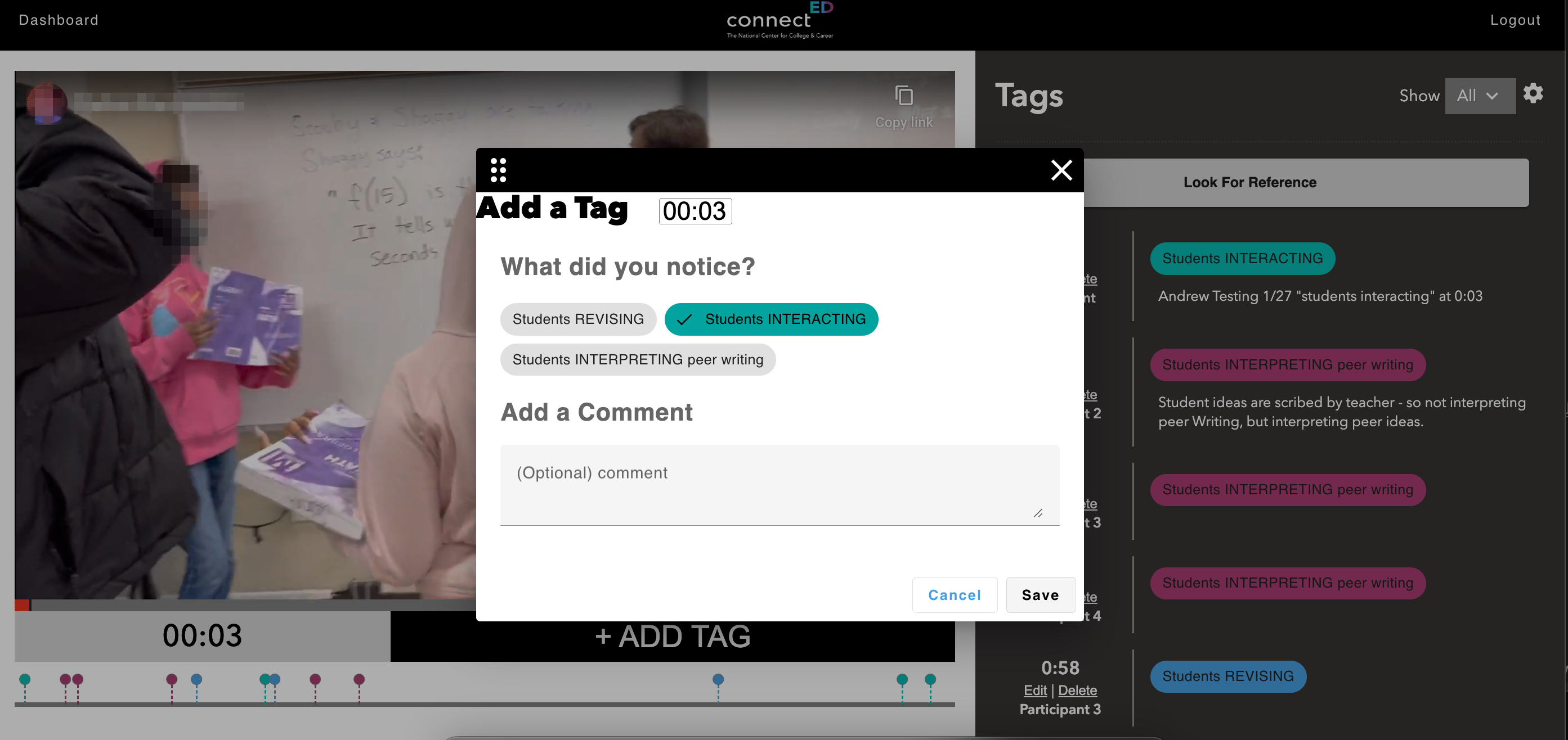 demonstration of tagging in the rewindED tool. User is selecting that they noticed students interacting, other options are shown as well as a comment field.