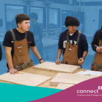 Graphic showing students in a workshop wearing safety glasses and aprons while working with wood and project plans. The ConnectED logo appears at the bottom