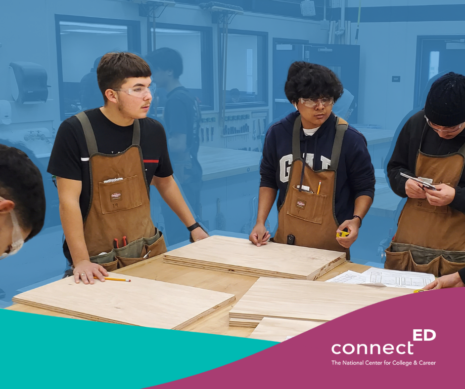 Graphic showing students in a workshop wearing safety glasses and aprons while working with wood and project plans. The ConnectED logo appears at the bottom